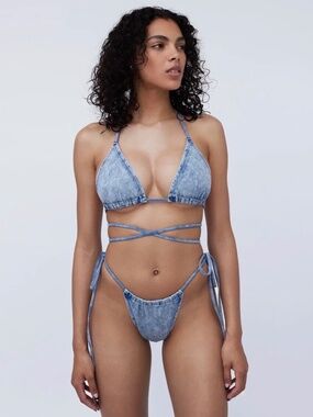 “BNWT” Bleach Denim Style Bikini extra long strings multi wear and 2 pieces